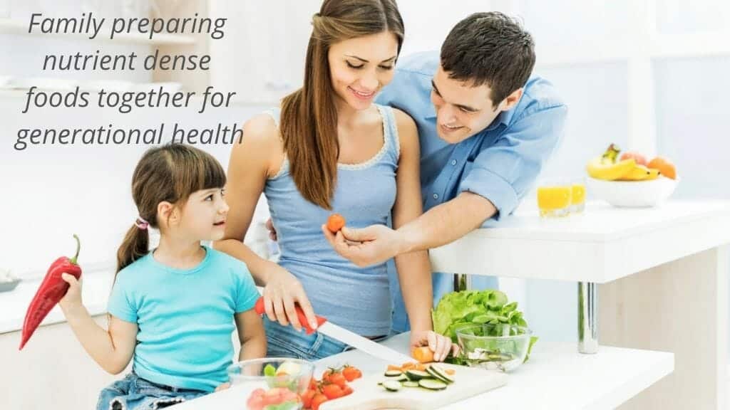 A family cooking together to promote a nutrient-dense diet for general health.